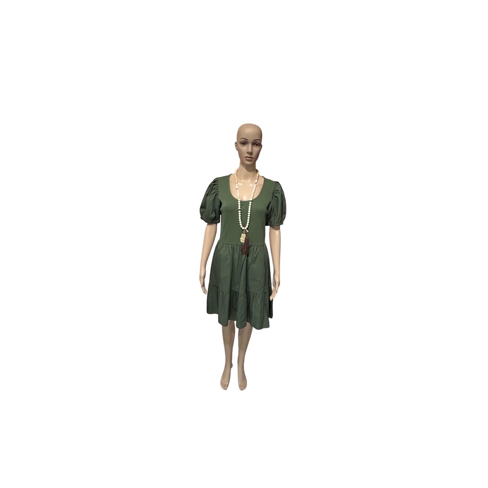 J.Crew Mixed Media Puff Sleeve Tiered Dress Olive Green CN233‎ Mens M